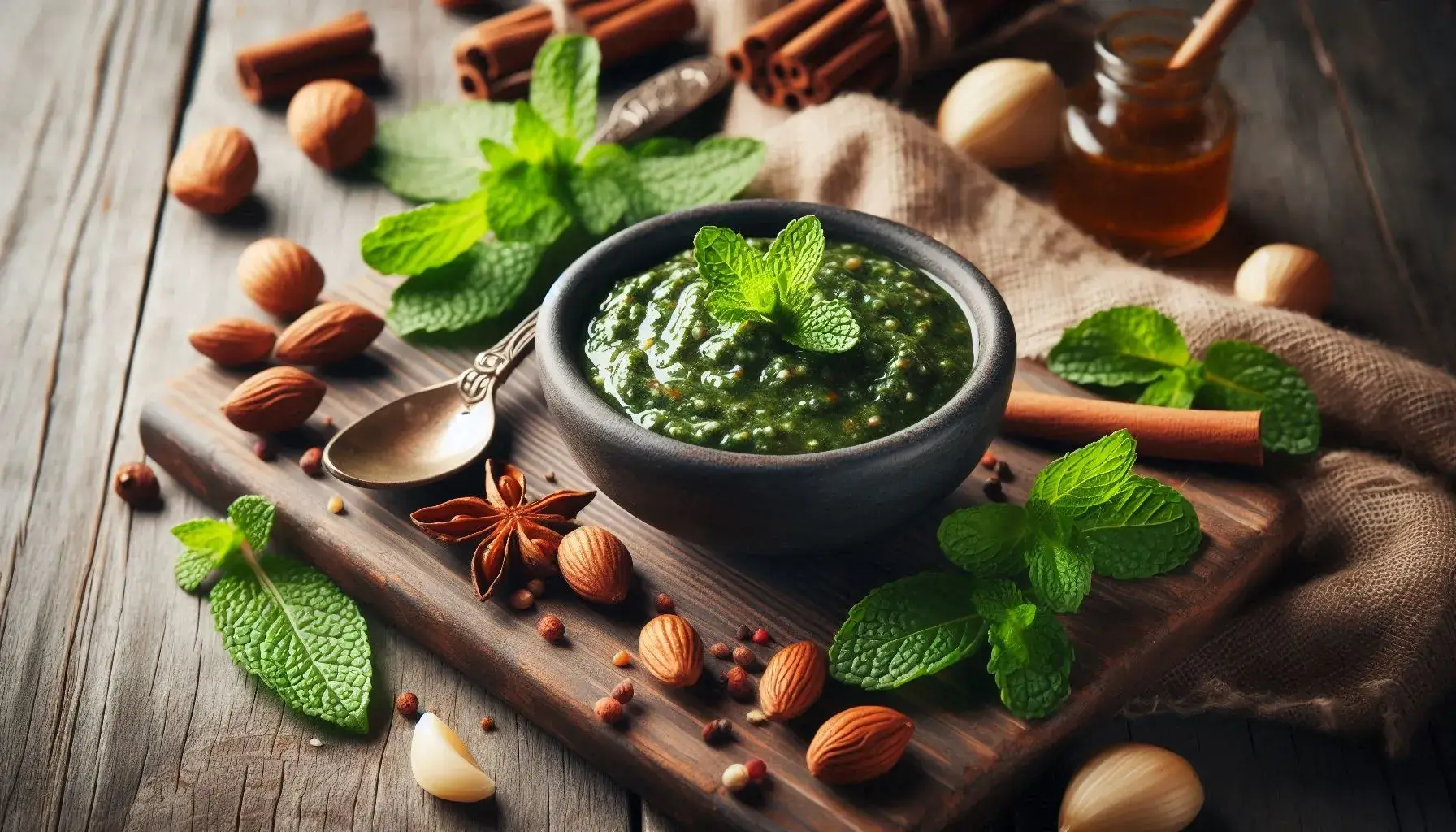 Mint-Coriander-Kaitha Chutney served in a bowl